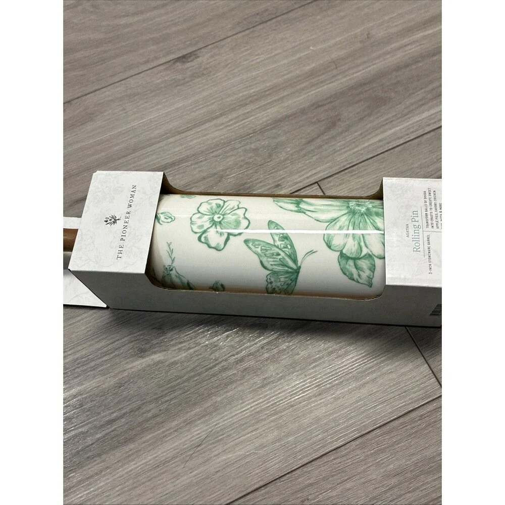 NEW-Pioneer Woman AGATHA Green Rolling Pin-Olivewood Handles-Butterflies